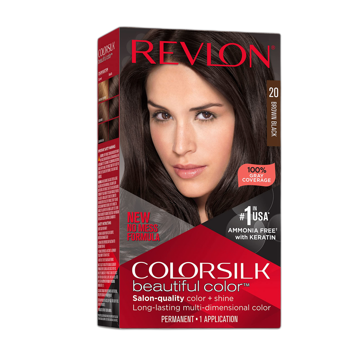 Revlon Colorsilk Beautiful Color Permanent Hair Color, Long-Lasting High-Definition Color, Shine & Silky Softness with 100% Gray Coverage, Ammonia Free, 020 Brown Black, 1 Pack