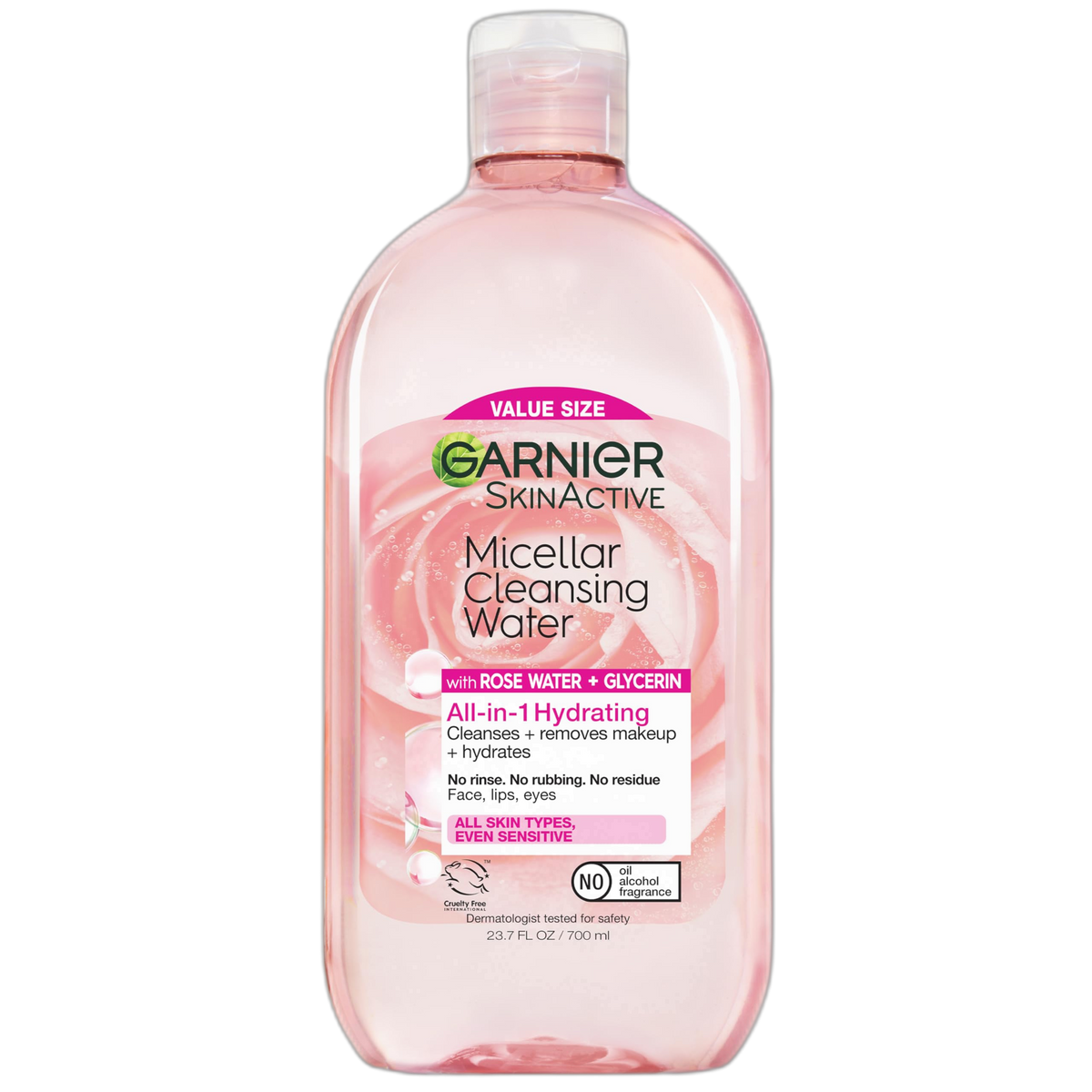 Garnier Micellar Water with Rose Water and Glycerin, Hydrating Facial Cleanser & Makeup Remover, For All Skin Types, Vegan, Cruelty Free, 23.7 Fl Oz (700mL), 1 Count