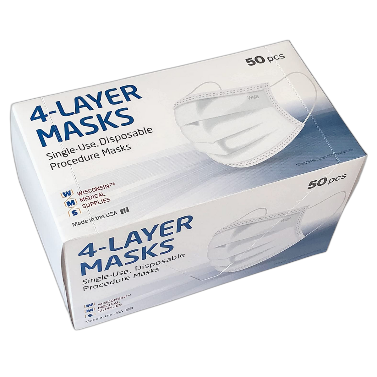 WMS 4-Layer Face Masks, Wisconsin Medical Supplies, MADE IN USA, 1 Pack (50 Masks) White