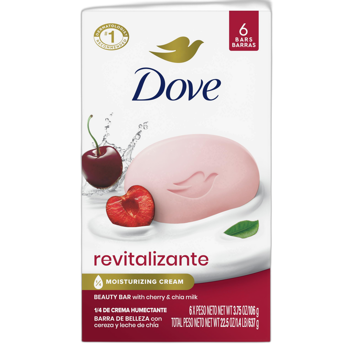 Dove Beauty Bar Soap Revitalizante Cherry & Chia Milk, for Revitalized Skin, 6 Bars A Skin Energy Boost 3.75 oz