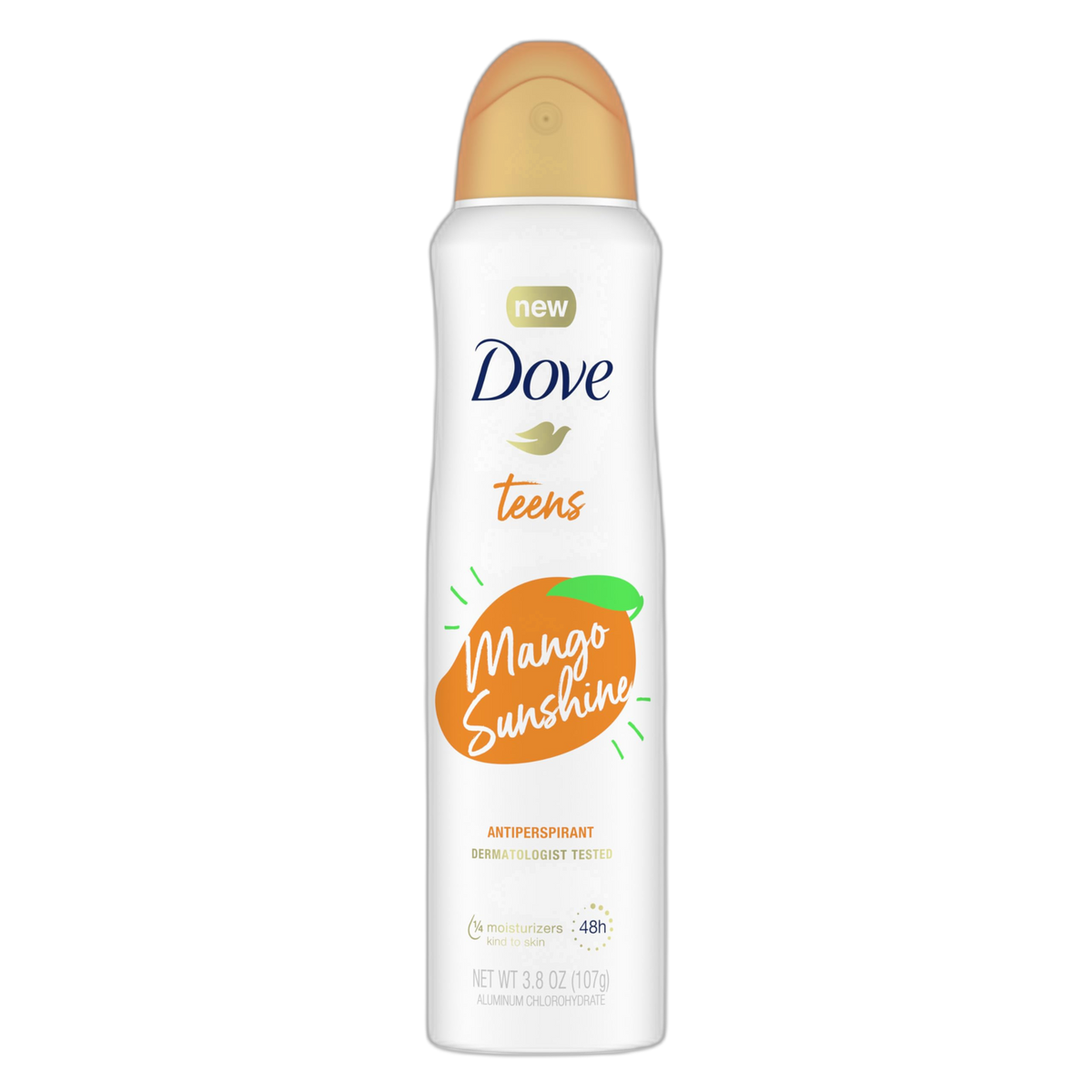 Dove Teens Dry Spray Antiperspirant Deodorant Mango Sunshine, for gentle underarm care, 48-hour underarm sweat protection, 3.8 oz