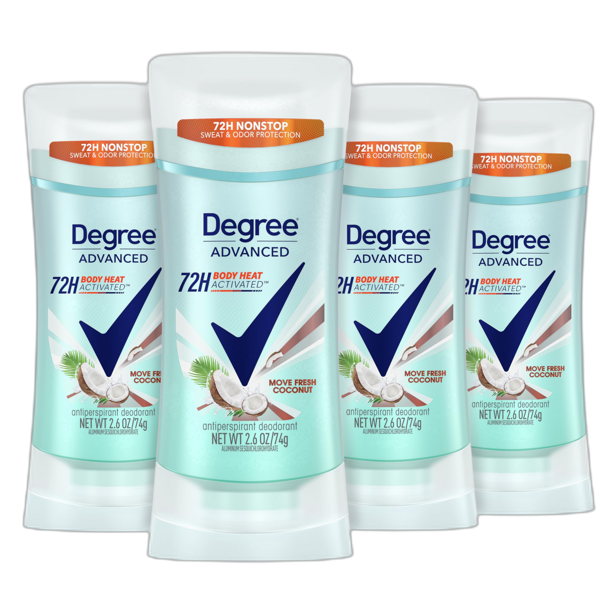 Degree Advanced Antiperspirant Deodorant Move Fresh Coconut 4 Count 72-Hour Sweat & Odor Protection Antiperspirant for Women with MotionSense Technology 2.6 oz
