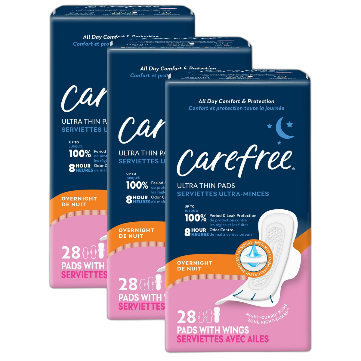Carefree Ultra Thin Overnight with Wings 28 Count (Pack of 3)