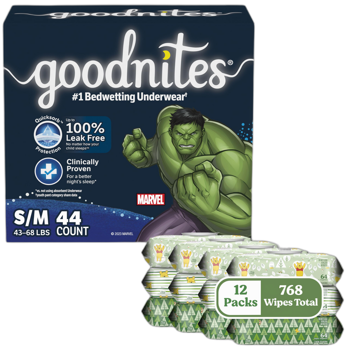 Goodnites and Wipes Bundle: Goodnites Underwear for Boys, Small/Medium, 44ct (2 Packs of 22) & Huggies Natural Care Sensitive Wipes, Unscented, 12 Flip-Top Packs (768 Wipes Total) (Packaging May Vary)