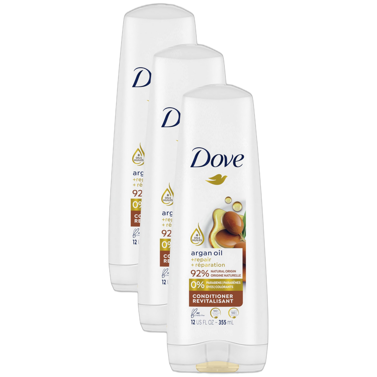 Dove Conditioner Argan Oil & Damage Repair 1 for Damaged Hair 92% Natural Origin, Paraben Free Conditioner 12 oz (Pack of 3)