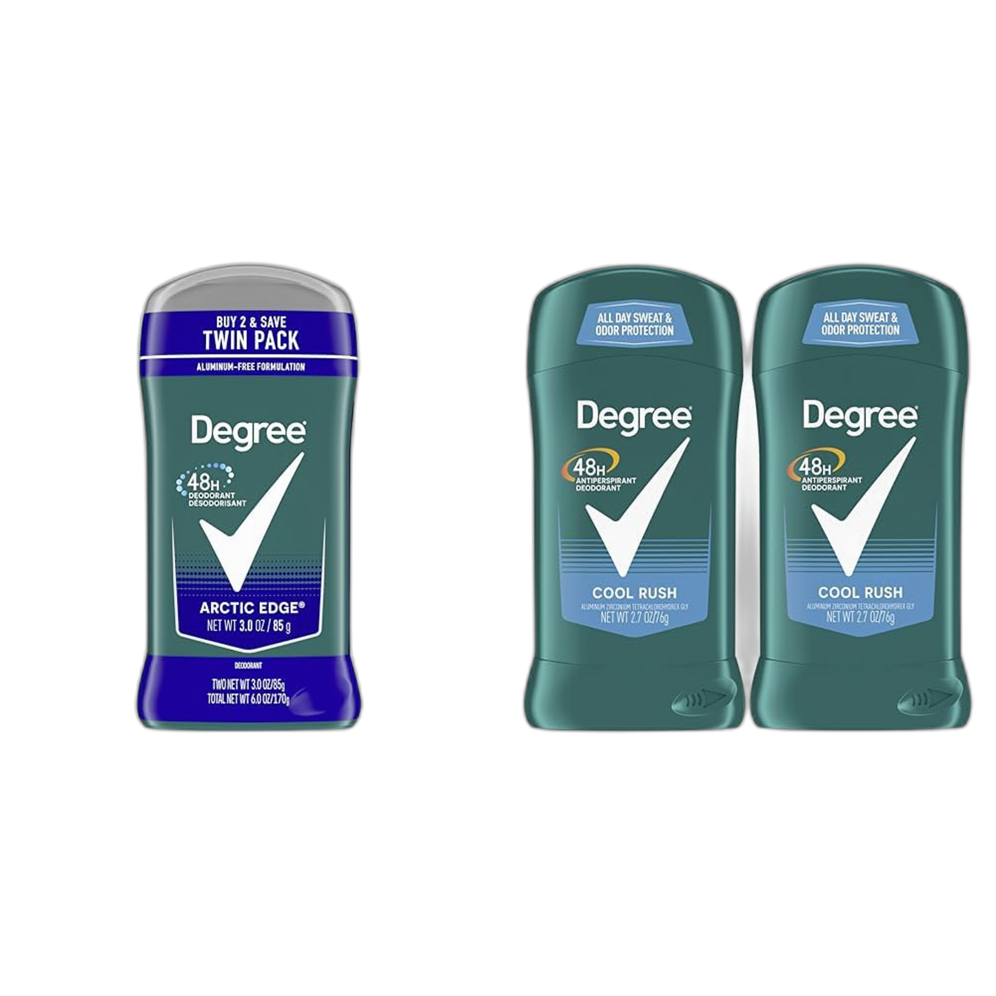 Degree Men Arctic Edge Deodorant 48-Hour 3 oz Twin Pack and Cool Rush Antiperspirant Deodorant 48-Hour 2.7 oz Pack of 2