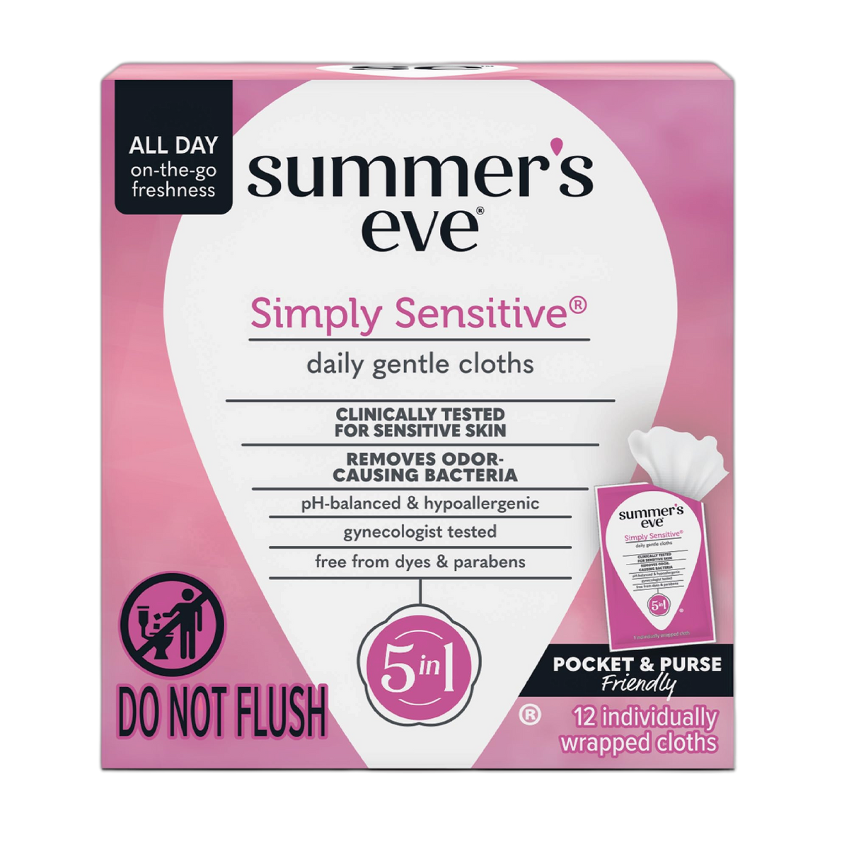 Summer's Eve Simply Sensitive Daily Refreshing Feminine Wipes, Removes Odor, pH Balanced, 12 Count, 1 Pack