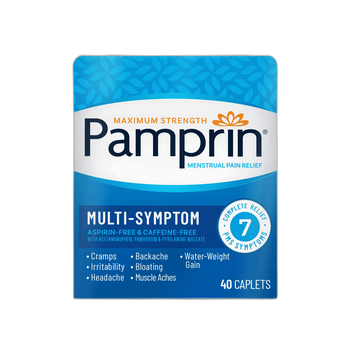 Pamprin Multi-Symptom Formula, with Acetaminophen, Menstrual Period Symptoms Relief including Cramps, Pain, Bloating, and Irritability 40 Caplets