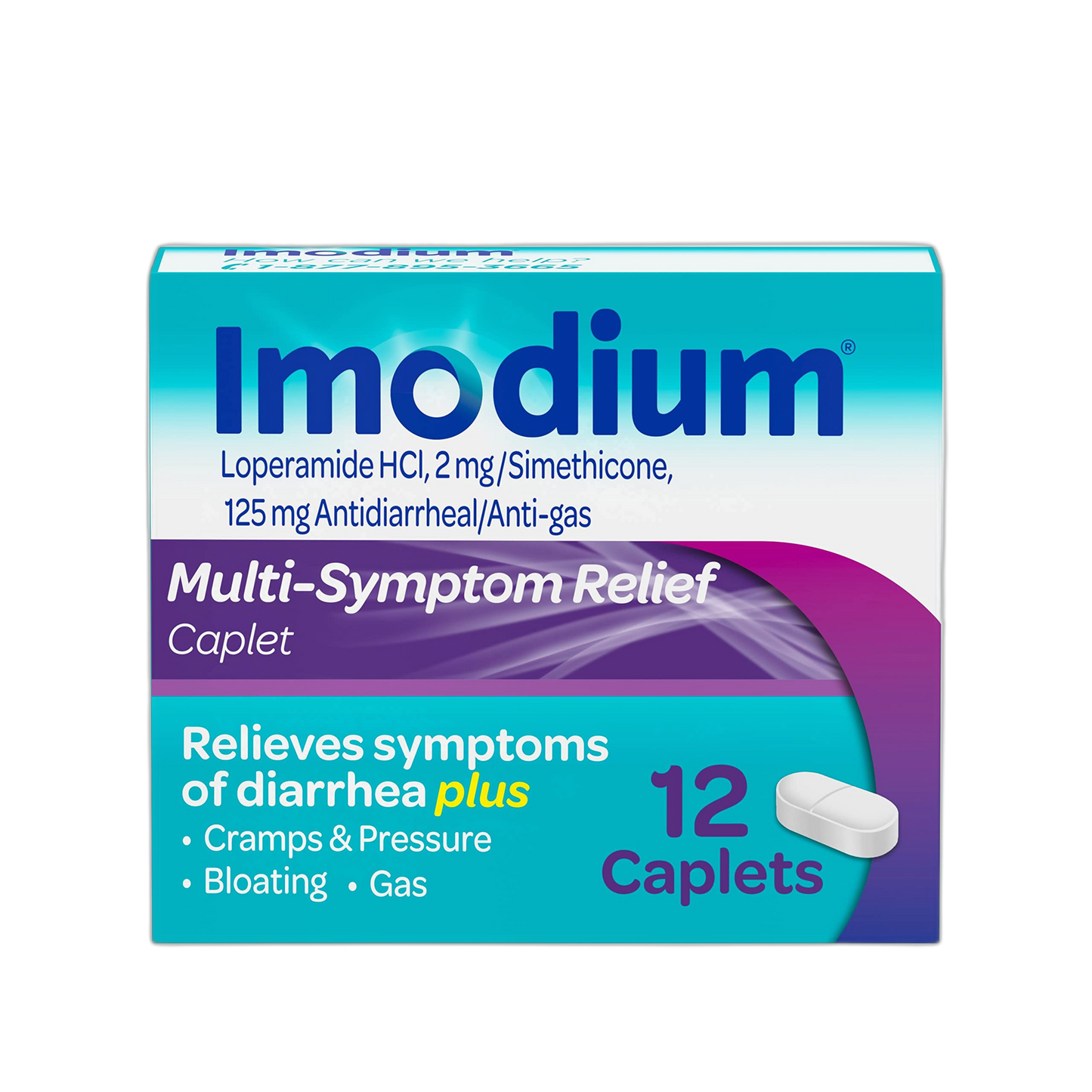 Imodium Multi-Symptom Relief Caplets, Loperamide Hydrochloride & Simethicone Anti-Diarrheal Medicine for Relief of Diarrhea, Gas, Bloating, Cramps & Pressure, HSA/FSA Eligible, 12 ct