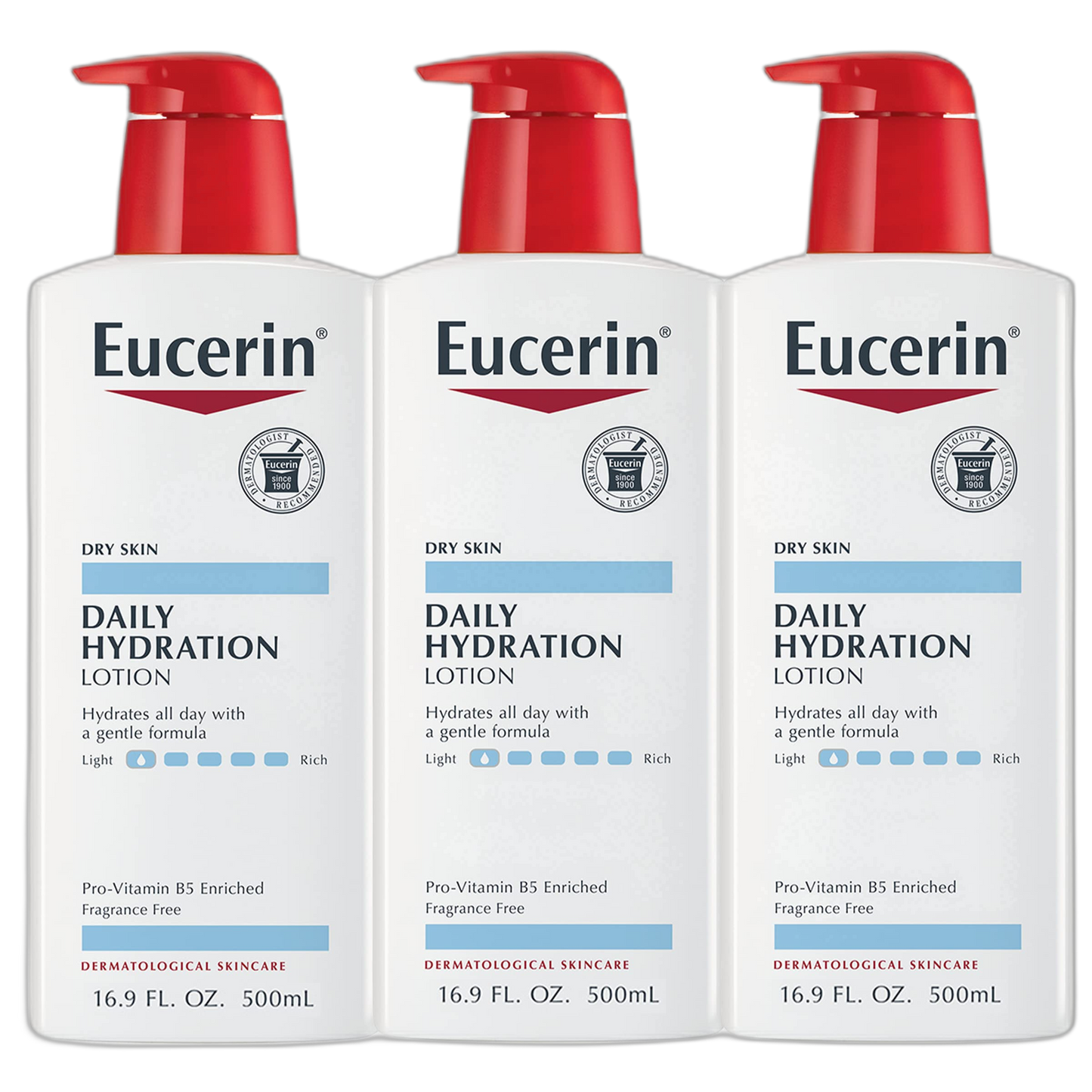 Eucerin Daily Hydration Body Lotion, Unscented Body Lotion for Sensitive Dry Skin, 16.9 Fl Oz Pump Bottles, 3 Pack