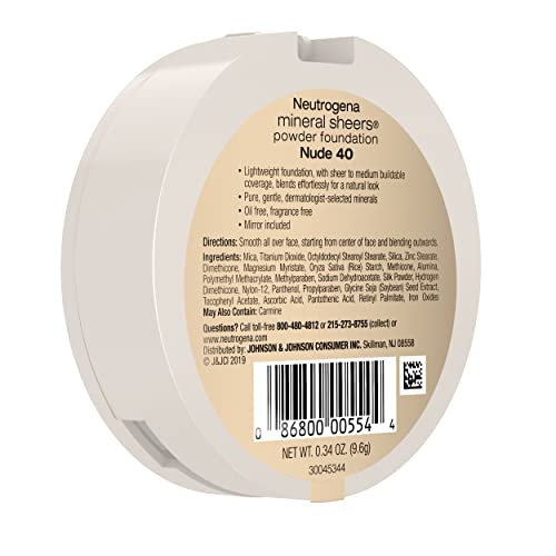 Neutrogena Mineral Sheers Compact Powder Foundation, Lightweight & Oil-Free Mineral Foundation, Fragrance-Free, Nude 40, .34 oz, 2 Pack