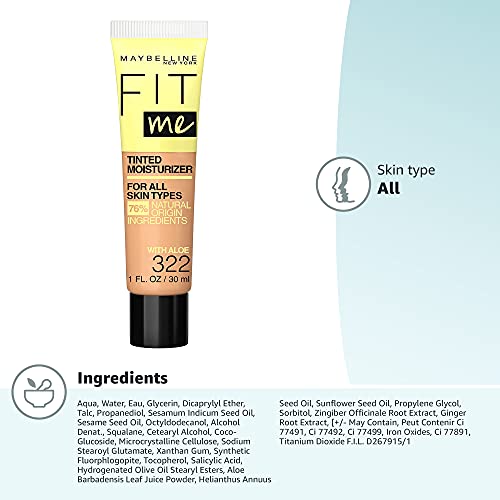 Maybelline Fit Me Tinted Moisturizer, Natural Coverage, Face Makeup, 322, 1 Count