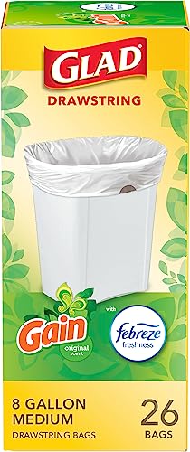Glad Medium Trash Bags, 8 Gallon, Gain Original with Febreze Garbage Bags, With Odor Control and Drawstring, 26 Count