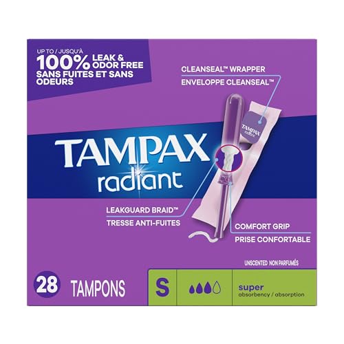 Tampax Radiant Tampons, Super Absorbency, With Leakguard Braid, Unscented, 28 Count