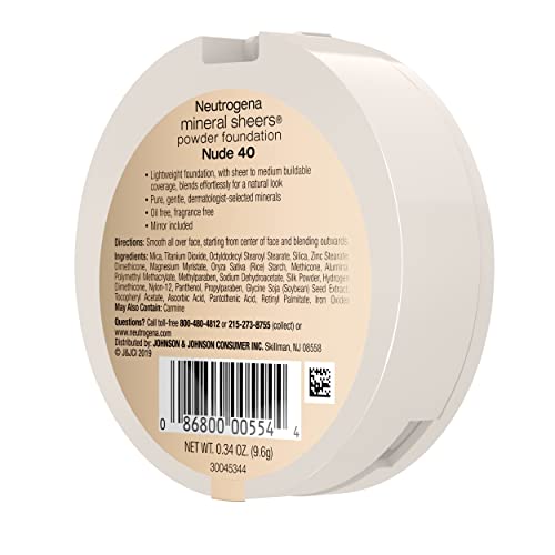 Neutrogena Mineral Sheers Compact Powder Foundation, Lightweight & Oil-Free Mineral Foundation, Fragrance-Free, Nude 40, .34 oz, 2 Pack