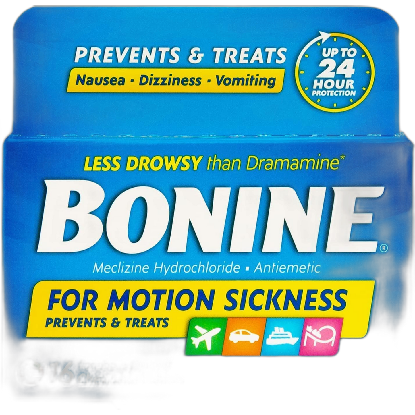 Bonine Motion Sickness Chewable Tablets, Raspberry Flavored, Meclizine HCl 25 mg, Less Drowsy Formula for Motion, Nausea, and Dizziness Relief, Up to 24-Hour Effectiveness,16 Tablets