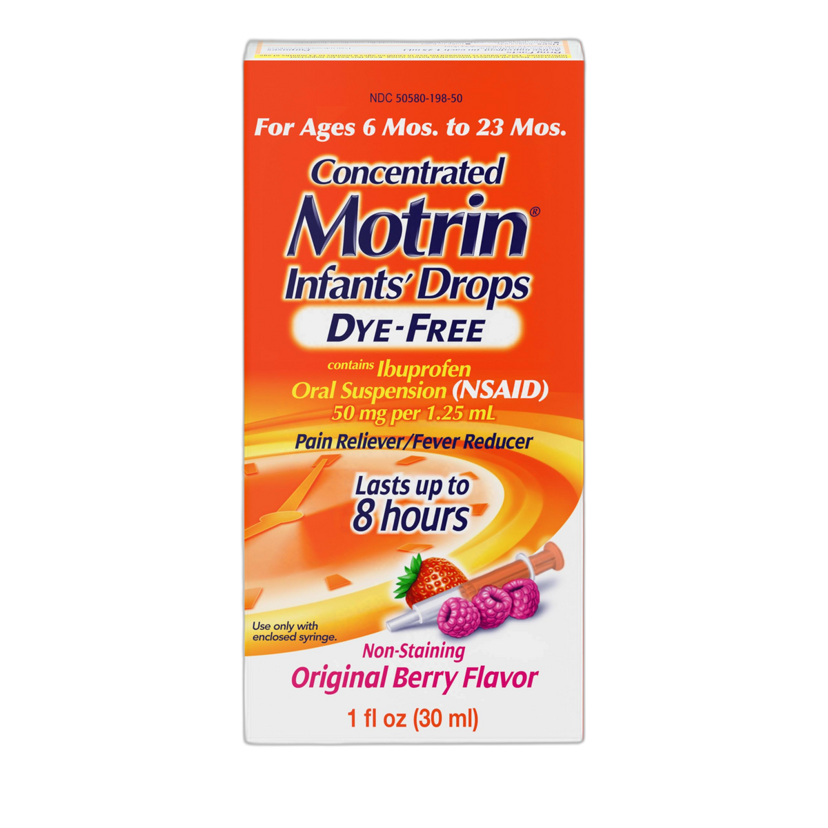Motrin Infants' Oral Suspension Concentrated Liquid Medicine Drops with Ibuprofen, NSAID Fever Reducer & Pain Reliever for Babies, Dye Free, Alcohol-Free, Original Berry Flavor, 1 fl. oz