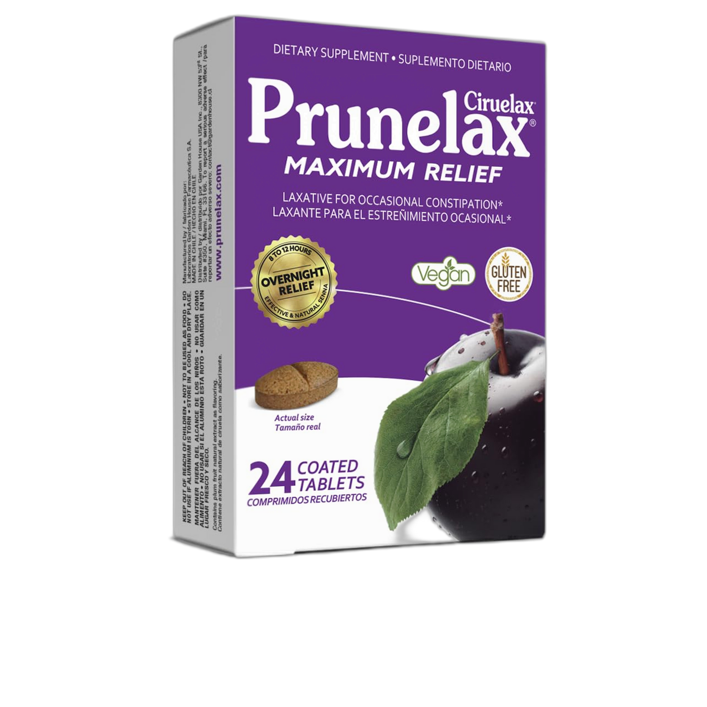 Prunelax Ciruelax Maximum Relief Laxative Tablets with Natural Senna for Occasional Constipation, Senna Extract, Vegan & Gluten-Free, Gentle Overnight Relief - 24ct