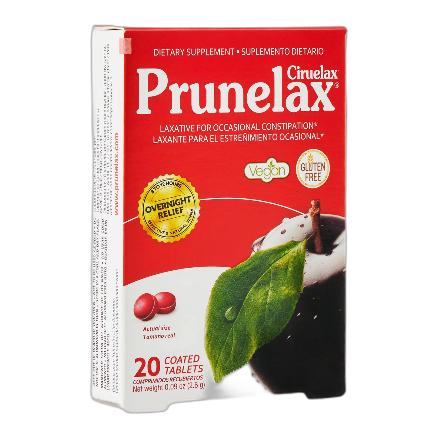 Prunelax Ciruelax Regular Strength Laxative Mini Tablets - Overnight Relief for Occasional Constipation, Senna Extract, Vegan & Gluten-Free, Gentle Relief - 20ct