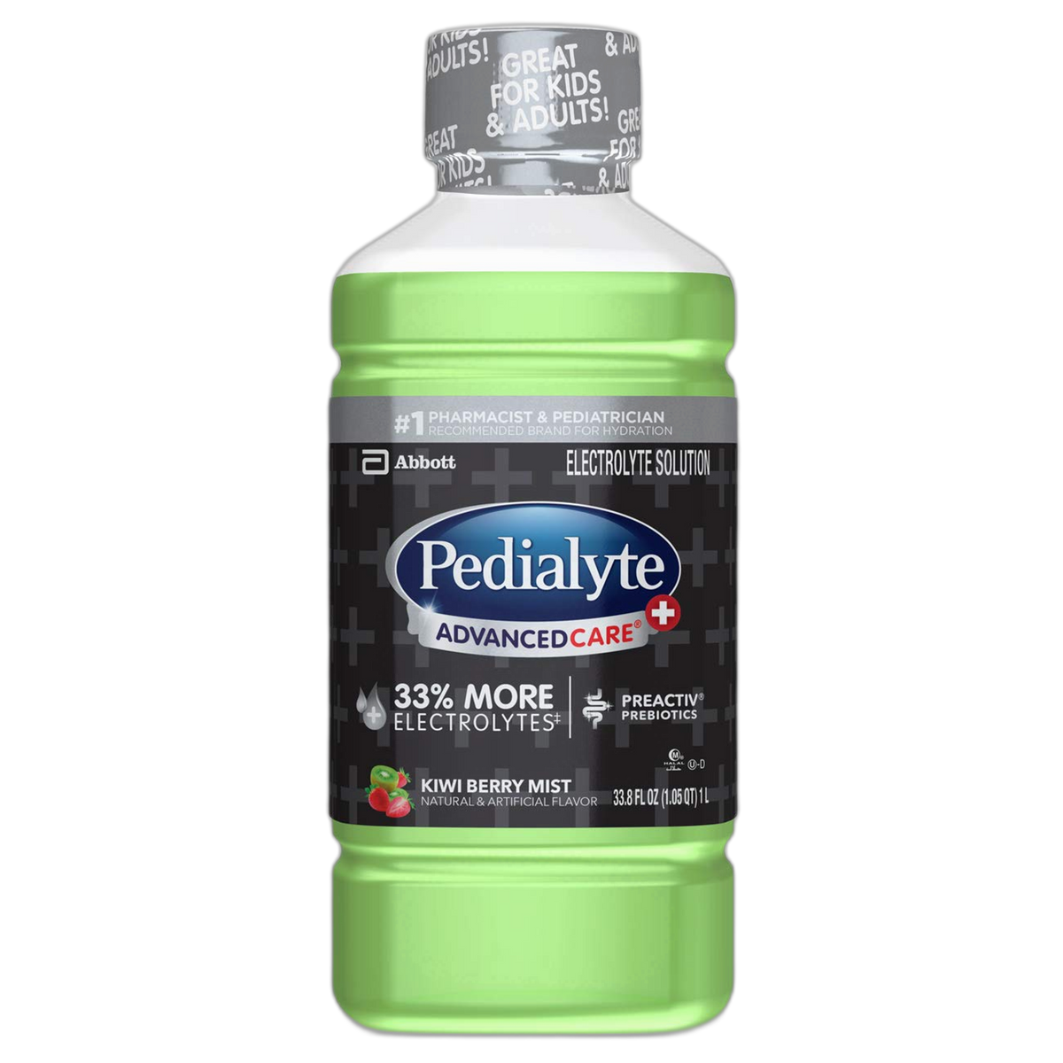 Pedialyte AdvancedCare Plus Electrolyte Hydration Drink, Has 33% More Electrolytes and Has PreActiv Prebiotics, Kiwi Berry Mist, 1 Liter