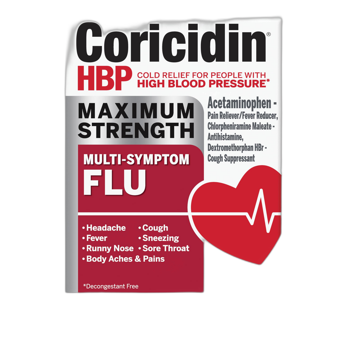 Coricidin HBP Maximum Strength Multi-Symptom Flu Tablets For Body Aches, Body Pains Cold and Cough Relief: Flu Medicine for Adults with High Blood Pressure - 24 Count