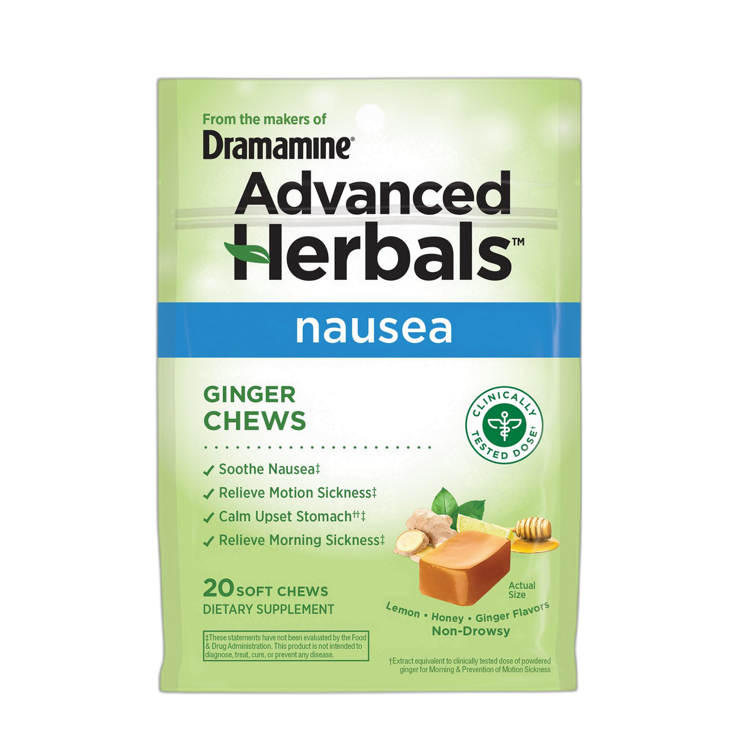 From the Makers of Dramamine, Advanced Herbals, Ginger Chews, Nausea Relief Soft Chews Lemon-Honey-Ginger, 20 Count