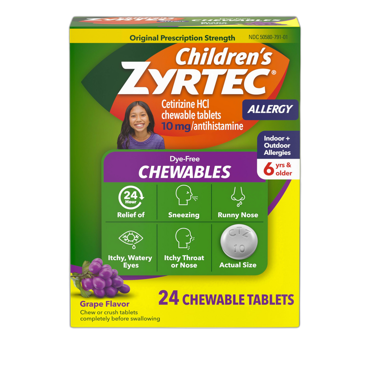 Zyrtec Children's Dye-Free Chewables for 24 Hour Allergy Relief, 10 mg Cetirizine Hydrochloride Antihistamine Tablets, Kids Allergy Medicine Relieves Sneezing & Itchy Throat, Grape, 24 ct