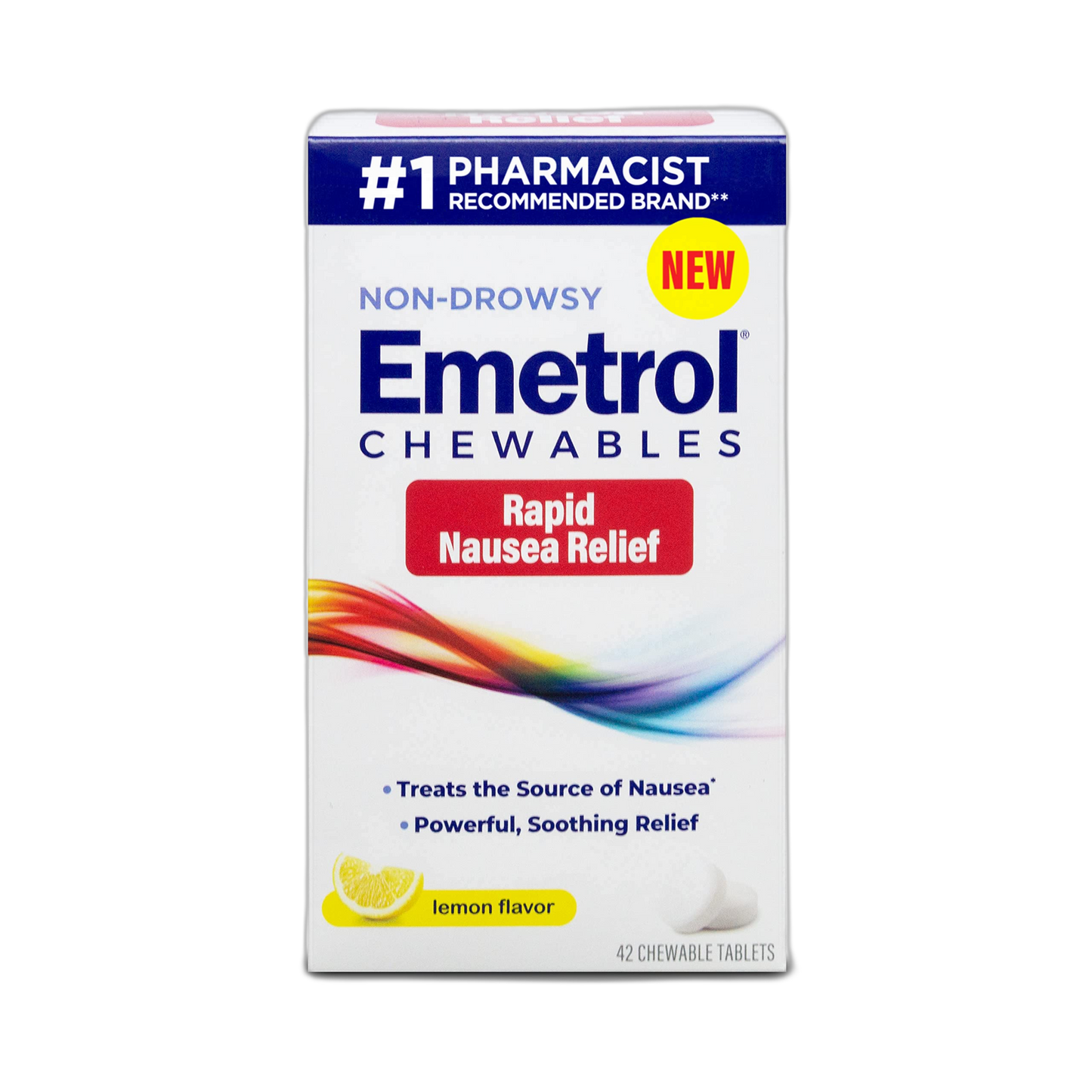 Emetrol Non-Drowsy Nausea Relief - Chewable Medicine for Upset Stomach - Pharmacist Recommended Nausea Relief - Lemon Flavor, 42 Tablets