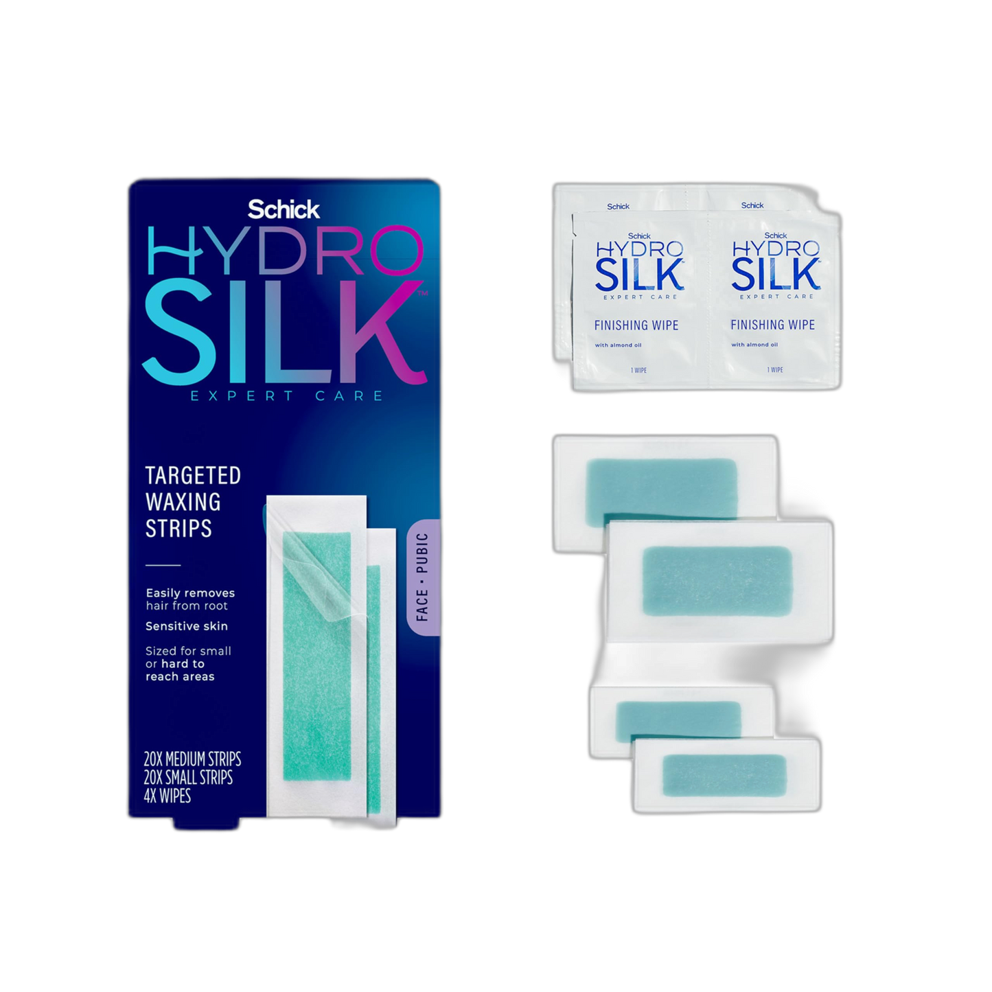 Schick Hydro Silk Targeted Waxing Strips | Soft Wax Strips for Body + Pubic Hair Removal, Eyebrow & Lip Waxing Strip, Bikini Wax Kit for Women