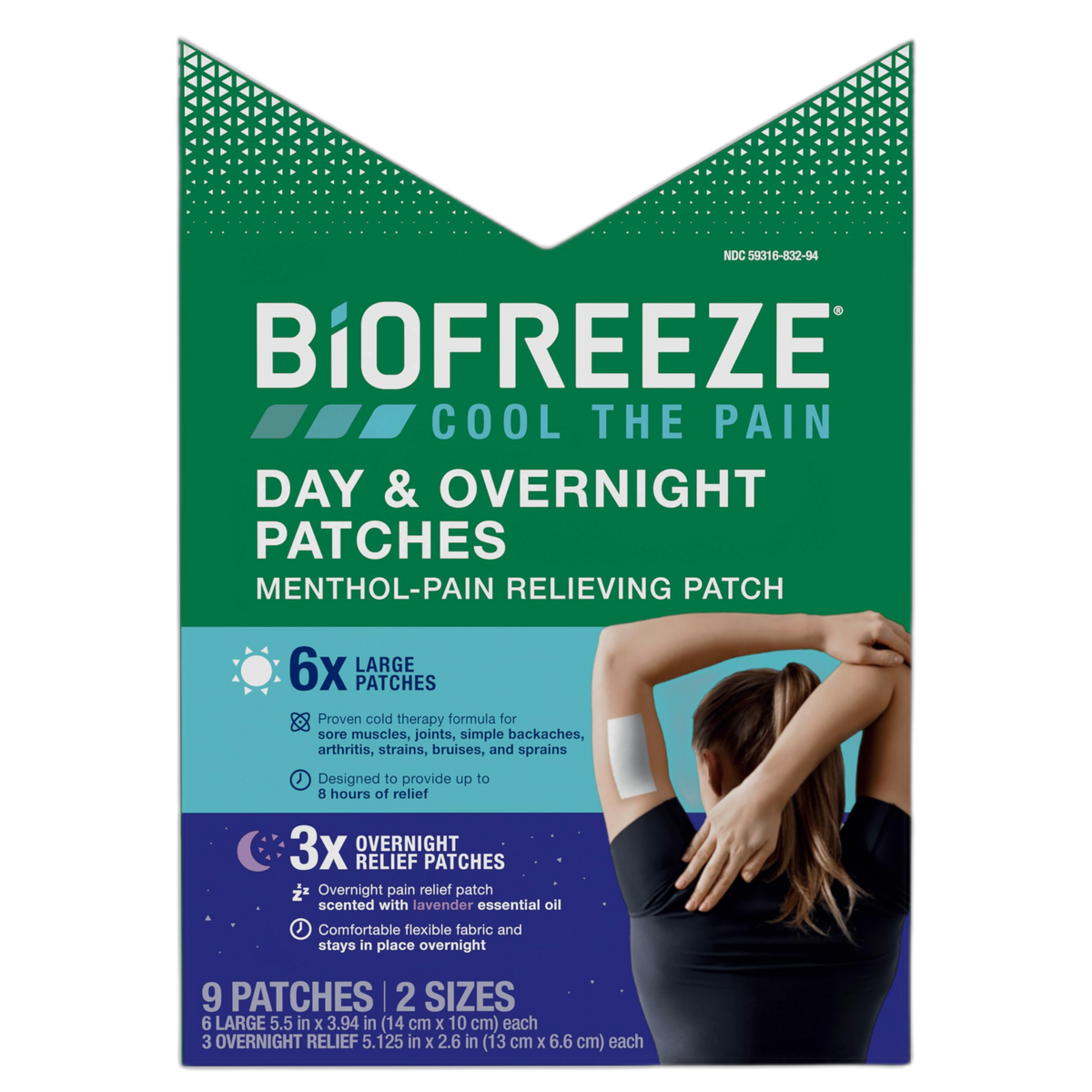 Biofreeze Day & Overnight Pain Relief Patches, Menthol Pain Patches for Arthritis & Muscle Pain Relief, Comfortable & Flexible Fabric Stays in Place, FSA/HSA Eligible, 9 Patches (6 Day, 3 Night)