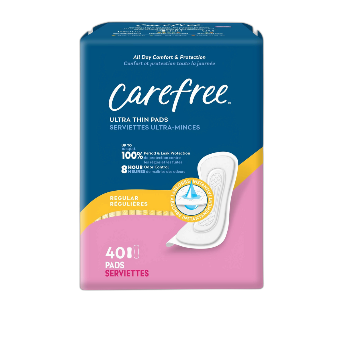 Carefree Ultra Thin Pads for Women, Regular Pads Without Wings, 40ct