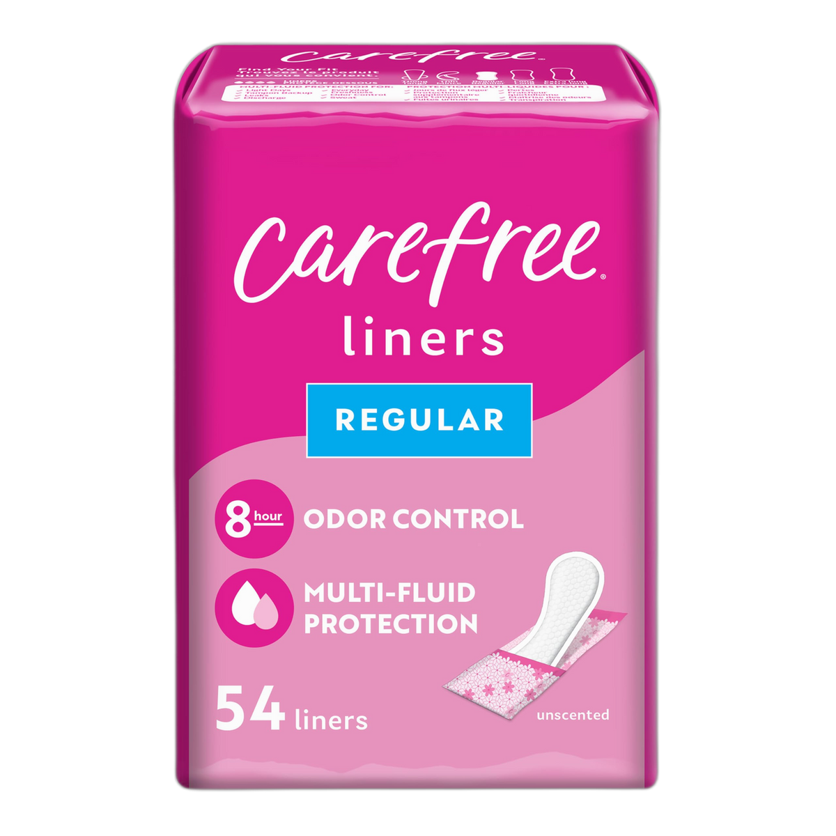 Carefree Panty Liners for Women, Regular, Wrapped, Unscented, 54ct | Pantiliners, Carefree Liners, Daily Liners for Women, Light Periods and Leaks, 8-Hour Odor Control | 54ct (Packaging May Vary)