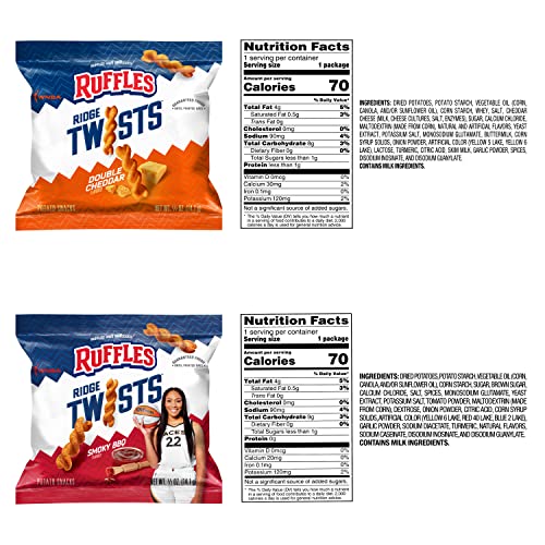 Ruffles Ridge Twists, Smoky BBQ & Double Cheddar flavor Variety Pack, 36 Count