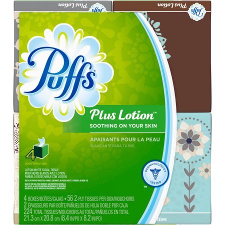 Puffs White Facial Tissues Plus Lotion, 56 sheets, 4 count