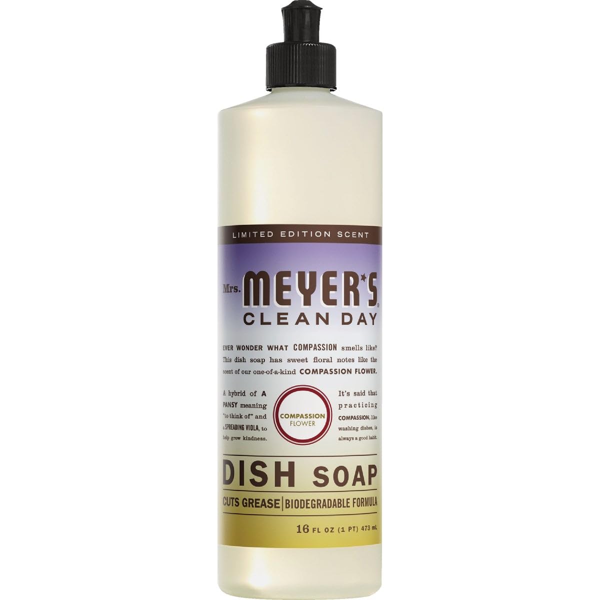 MRS. MEYER'S CLEAN DAY Liquid Dish Soap, Compassion Flower Scent, 16 Ounce Bottle