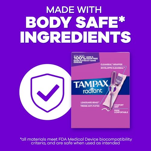 Tampax Radiant Tampons Light Absorbency with BPA-Free Plastic Applicator and LeakGuard Braid, Unscented, 28 Count