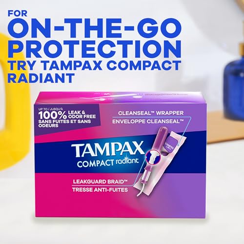 Tampax Radiant Tampons Light Absorbency with BPA-Free Plastic Applicator and LeakGuard Braid, Unscented, 28 Count