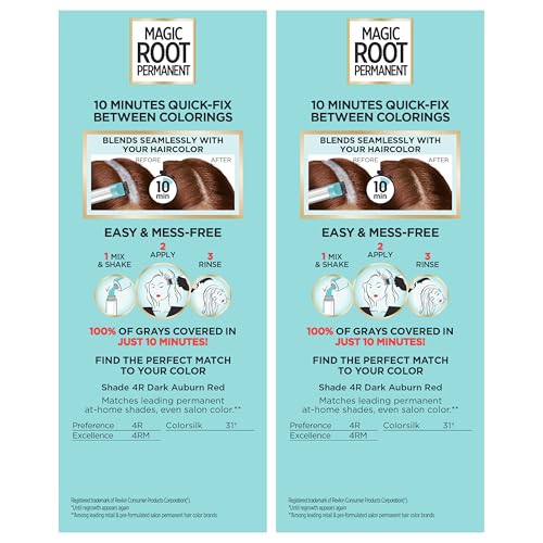 L'Oreal Paris Magic Root Permanent Hair Color, 10 Minute Hair Dye Kit to Rescue Roots with 100% Gray Hair Coverage, 4R Dark Auburn Red, 2 Pack (Packaging May Vary)