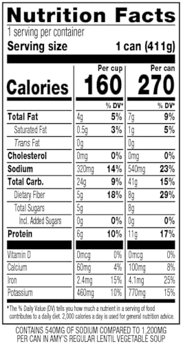 Amy’s Soup, Vegan Light in Sodium Lentil Vegetable Soup, Gluten Free, Made With Organic Vegetables, Canned Soup, 14.5 Oz (12 Pack)