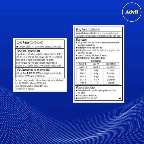 Advil Junior Strength Chewable Ibuprofen Pain Reliever and Fever Reducer, Children's Ibuprofen for Pain Relief, Grape - 24 Tablets (Pack of 3)