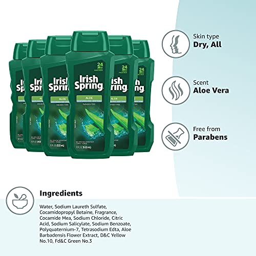 Irish Spring Men's Body Wash Shower Gel, Aloe Vera - 20 fluid ounce (Pack of 6)
