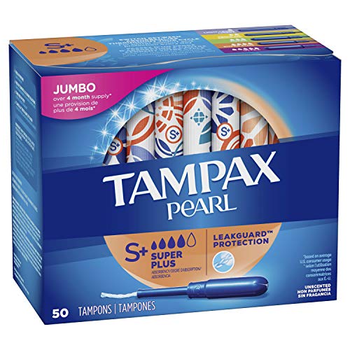 Tampax Pearl Tampons with Plastic Applicator, Super Plus Absorbency, Unscented, 50 Count - Pack of 6 (300 Count Total)