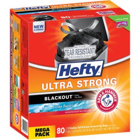 Hefty Ultra Strong Blackout Trash Bags (Clean Burst, Tall Kitchen Drawstring, 13 Gallon, 80 Count) (4 pack(80 count))