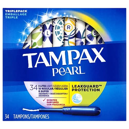 Tampax Pearl Tampons, Light/Regular/Super Absorbency with LeakGuard Braid, Triple Pack, Scented, 34 Count