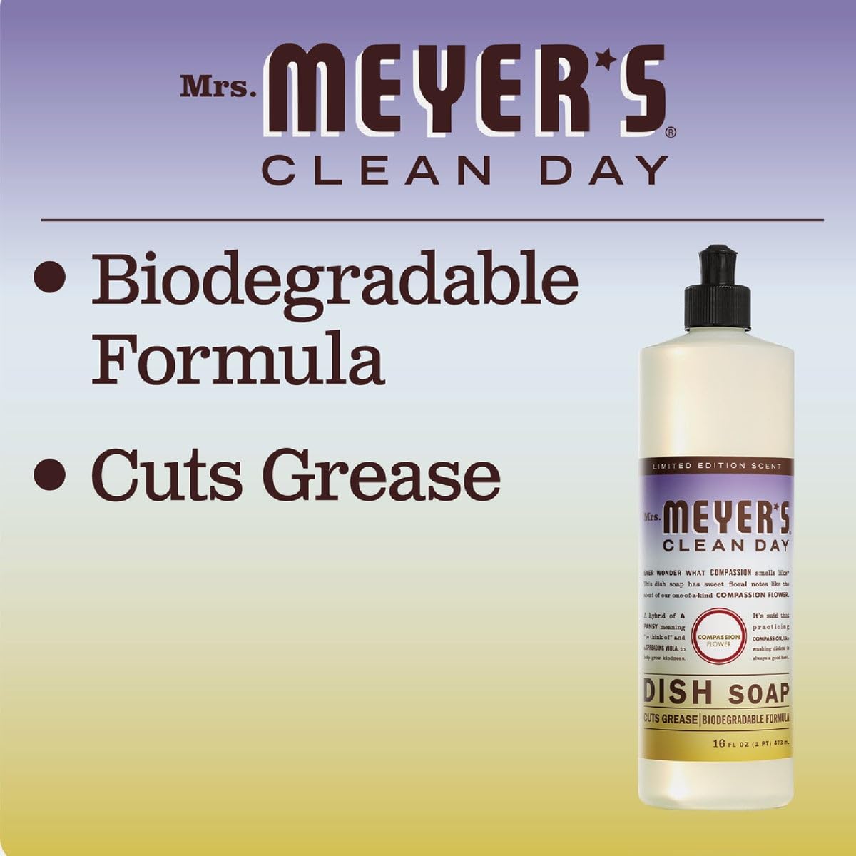 MRS. MEYER'S CLEAN DAY Liquid Dish Soap, Compassion Flower Scent, 16 Ounce Bottle