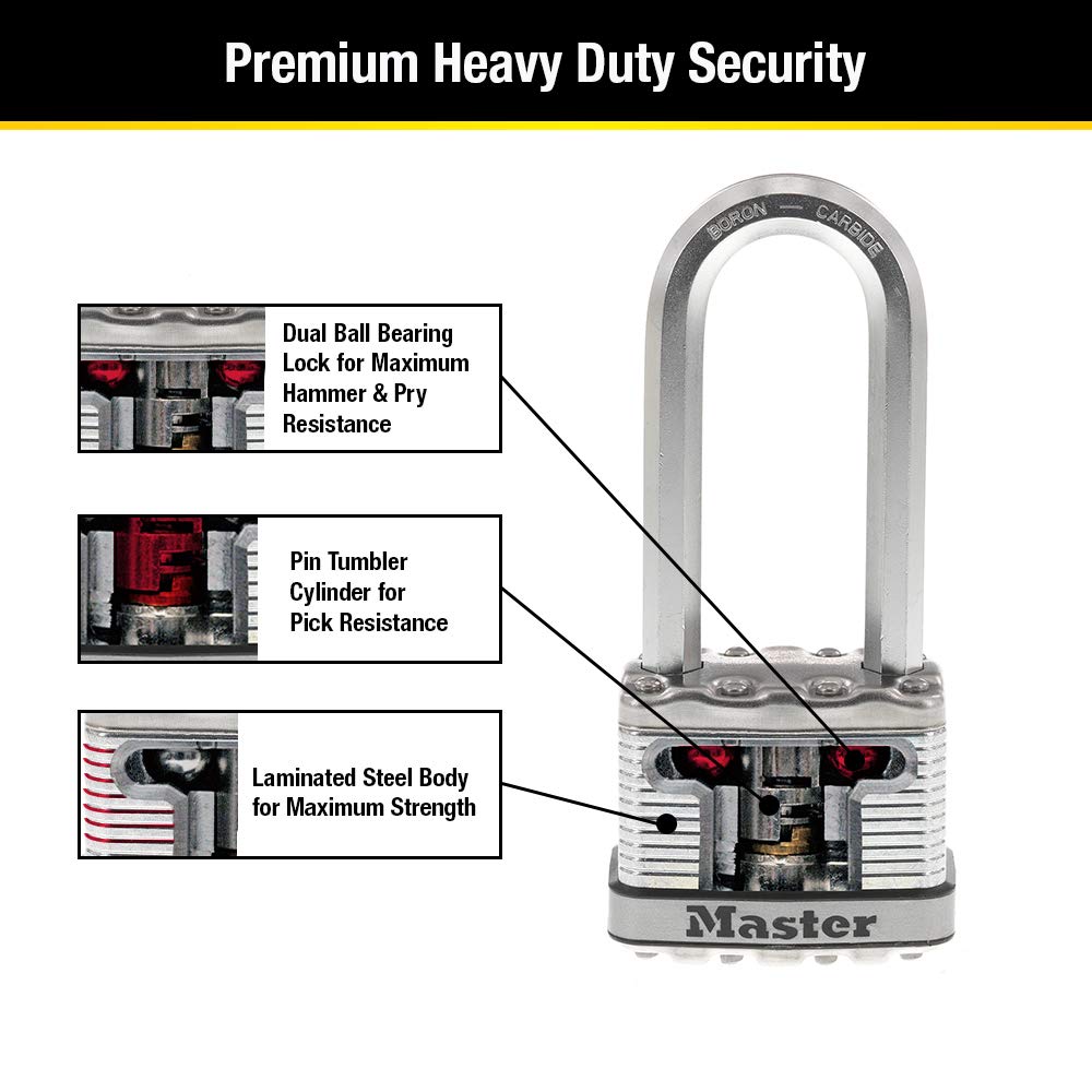 Master Lock M5XQLJ Magnum Heavy Duty Outdoor Padlock with Key, 4 Pack Keyed-Alike, Silver