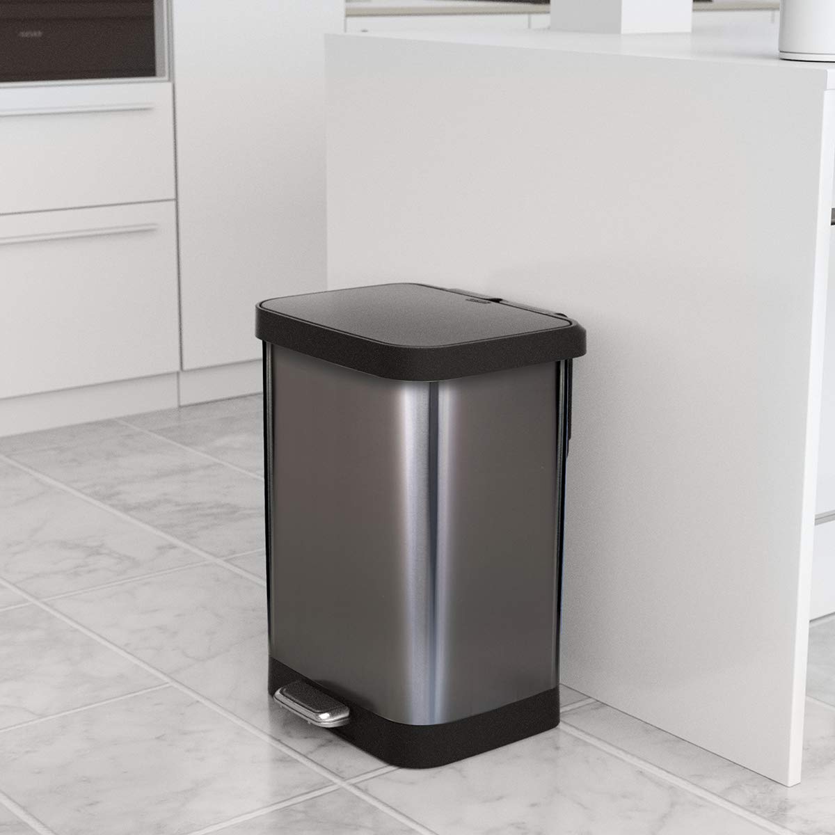 Glad Stainless Steel Step Trash Can with Clorox Odor Protection | Large Metal Kitchen Garbage Bin with Soft Close Lid, Foot Pedal and Waste Bag Roll Holder, 13 Gallon, Pewter