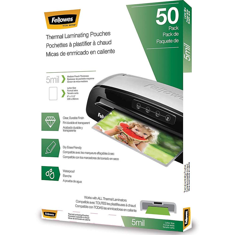 Fellowes Thermal Laminating Pouches - Letter, 5Mil, 50 Pack