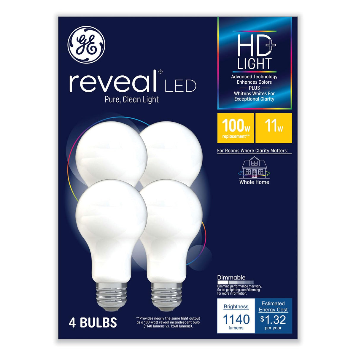 GE Reveal Hd+ Led A19 Light Bulb, 11 W, 4/Pack