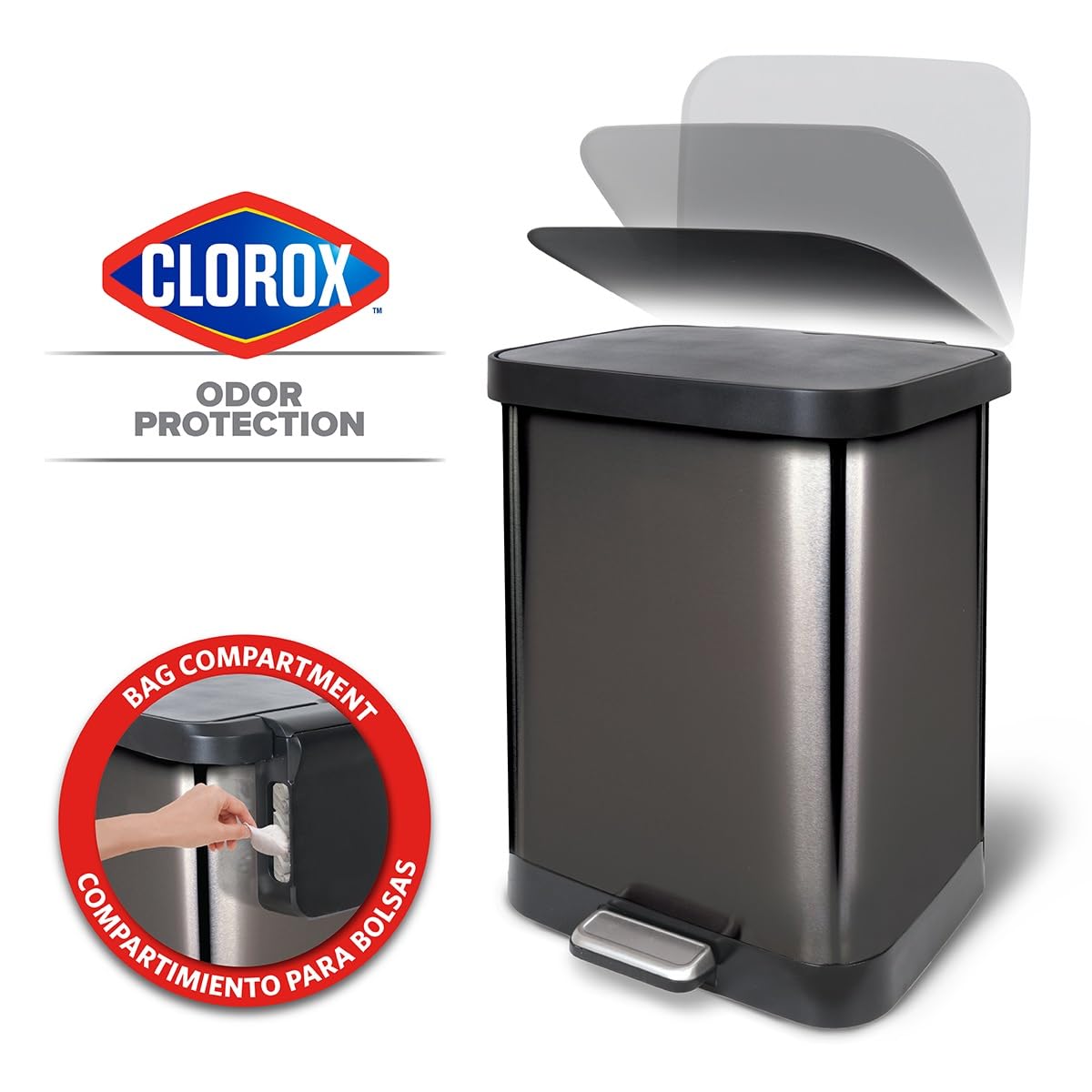 Glad Stainless Steel Step Trash Can with Clorox Odor Protection | Large Metal Kitchen Garbage Bin with Soft Close Lid, Foot Pedal and Waste Bag Roll Holder, 13 Gallon, Pewter